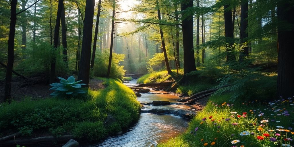 Tranquil forest scene with sunlight and flowing stream.