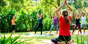 People practicing yoga in a serene outdoor setting.
