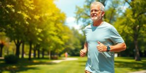 Healthy man jogging in a sunny park.
